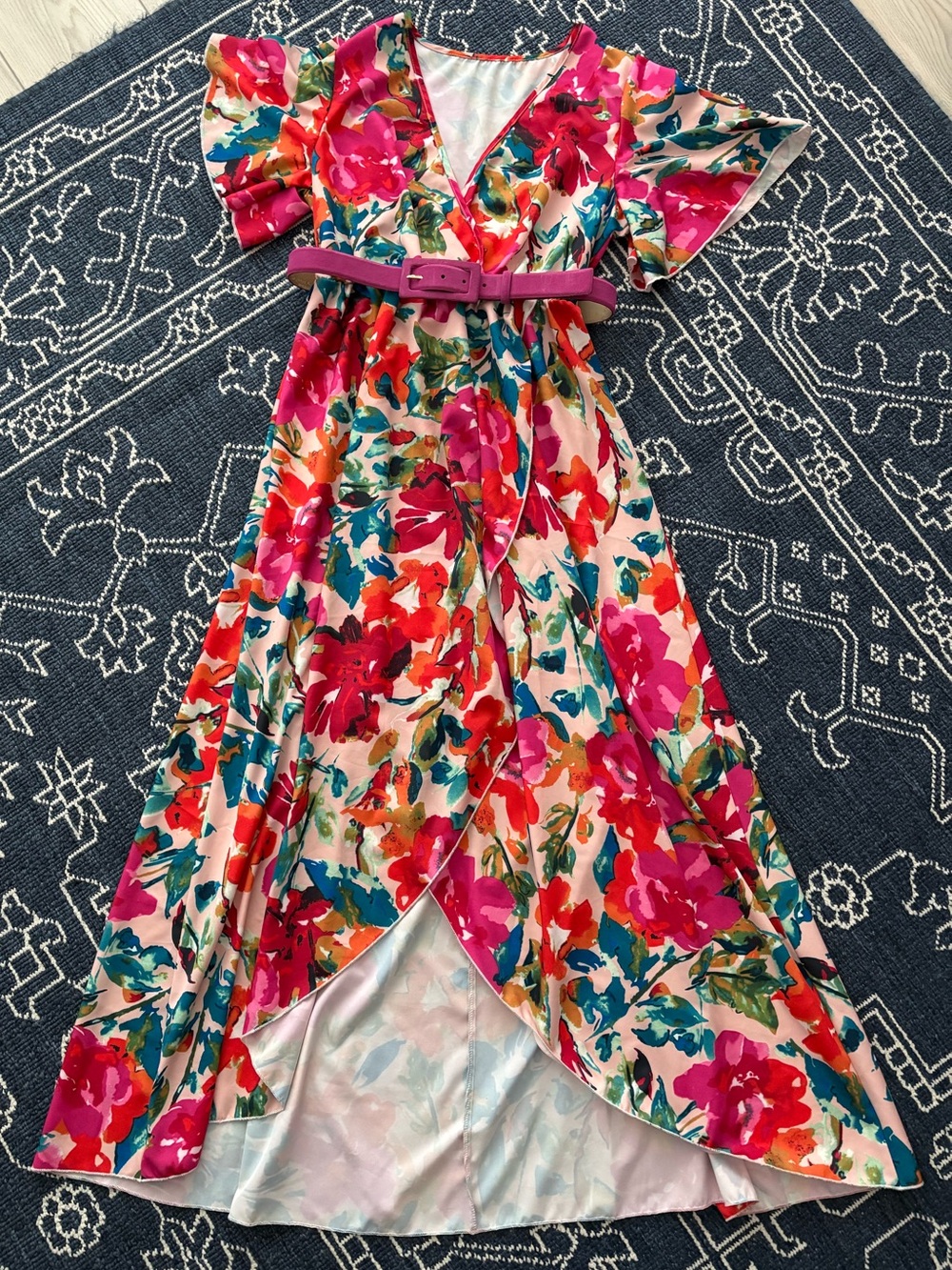 SHEIN Pink Floral High Low Dress with Flowy Sleeves